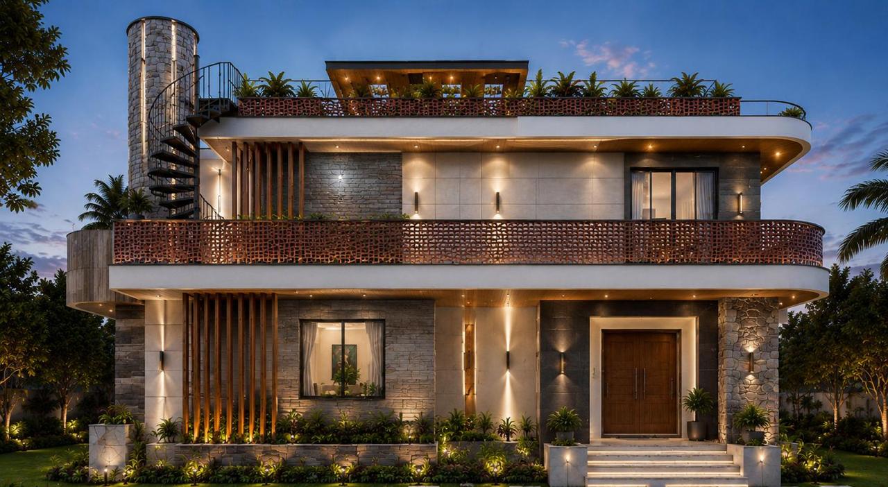 Modern villa elevation with stone cladding and spiral stair