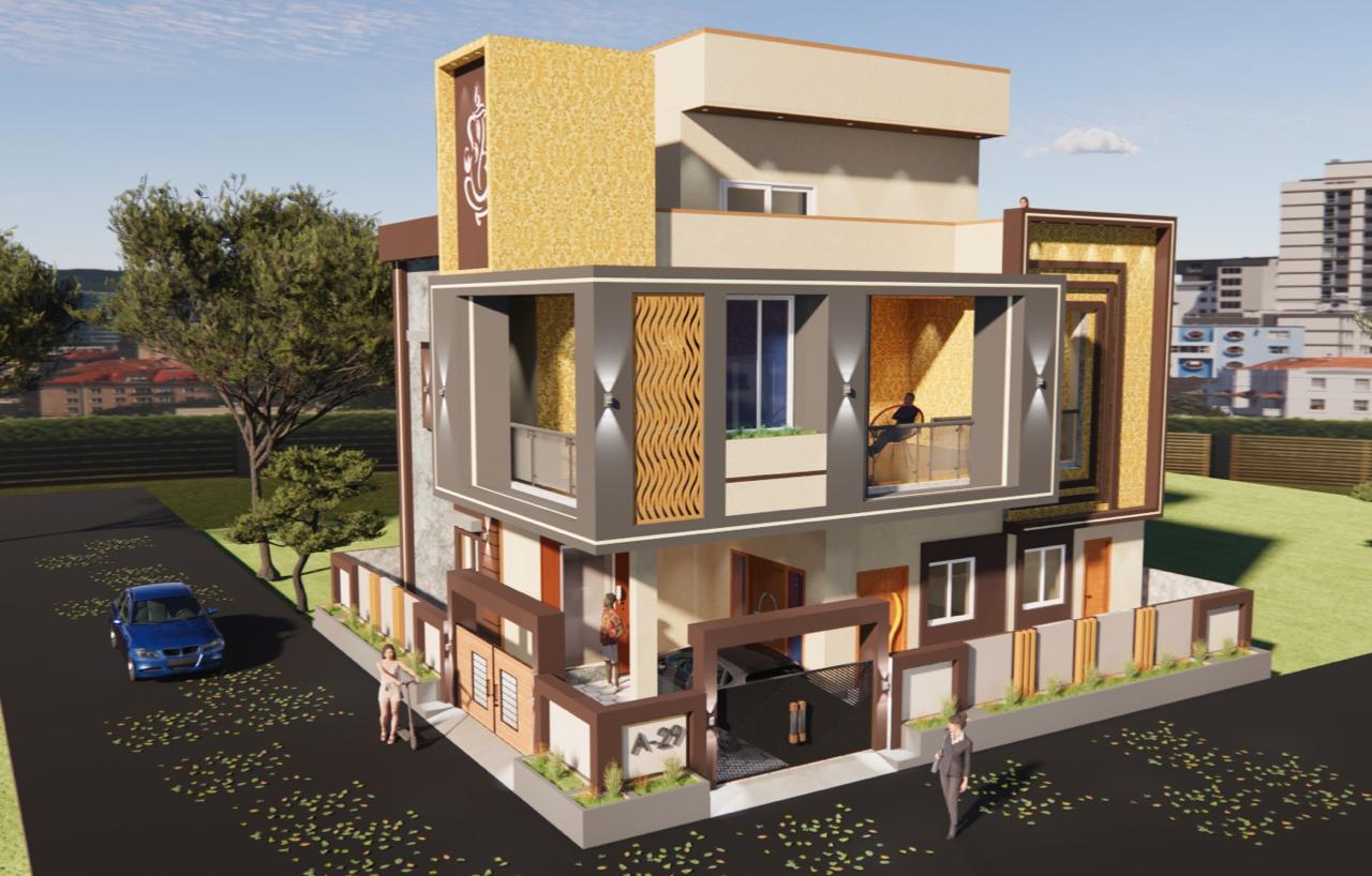 Corner plot villa elevation with damask cladding