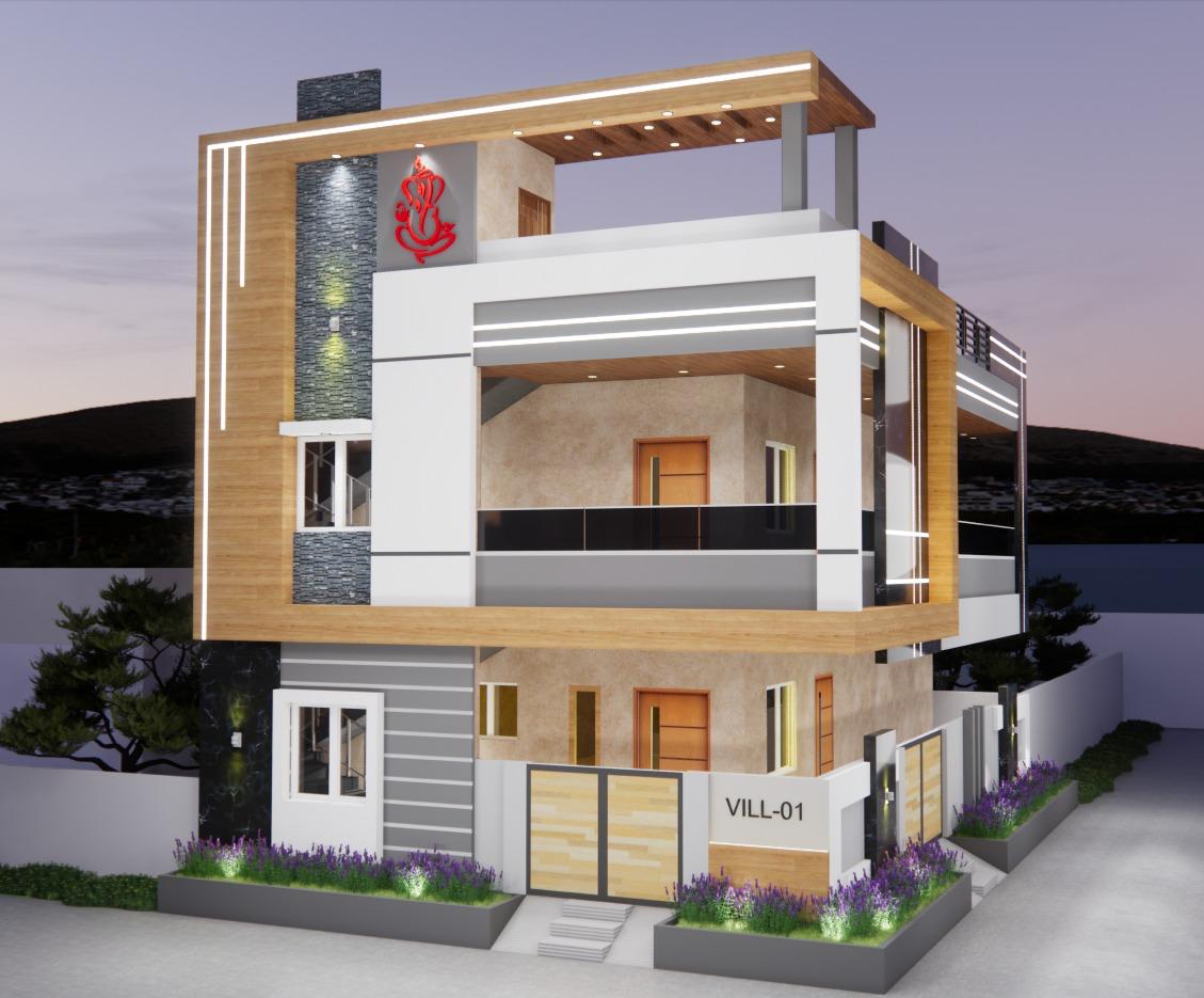 Contemporary duplex villa elevation with wood accents